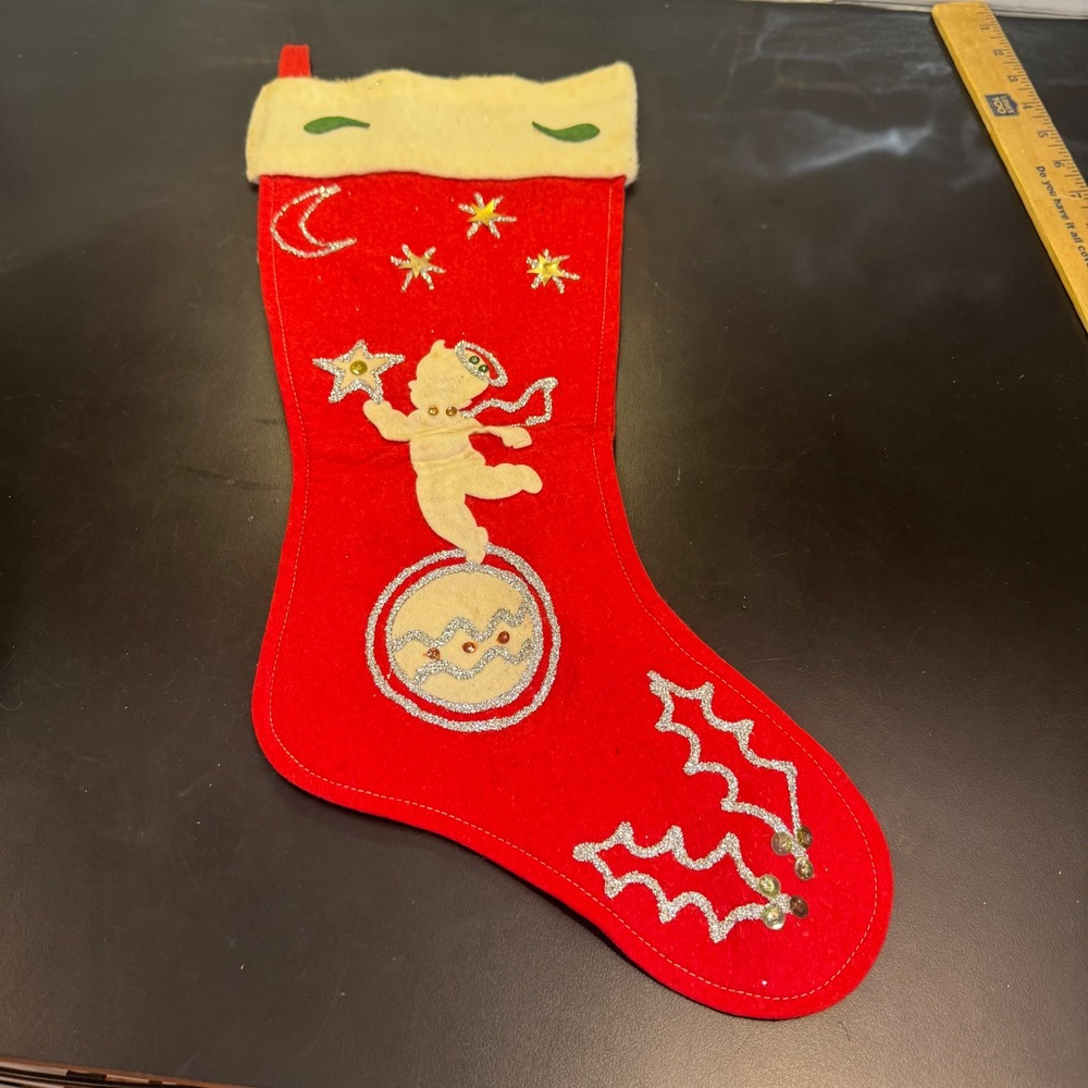 Vintage Christmas Stocking Red 20in Angel Moon Stars Felt‎ Sequin Handmade MCM